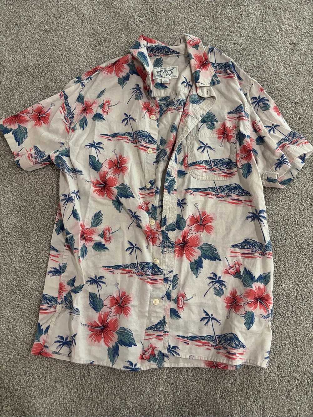 AE Casual Tropical Button-Down Shirt - Beige with Red & Blue Floral Print